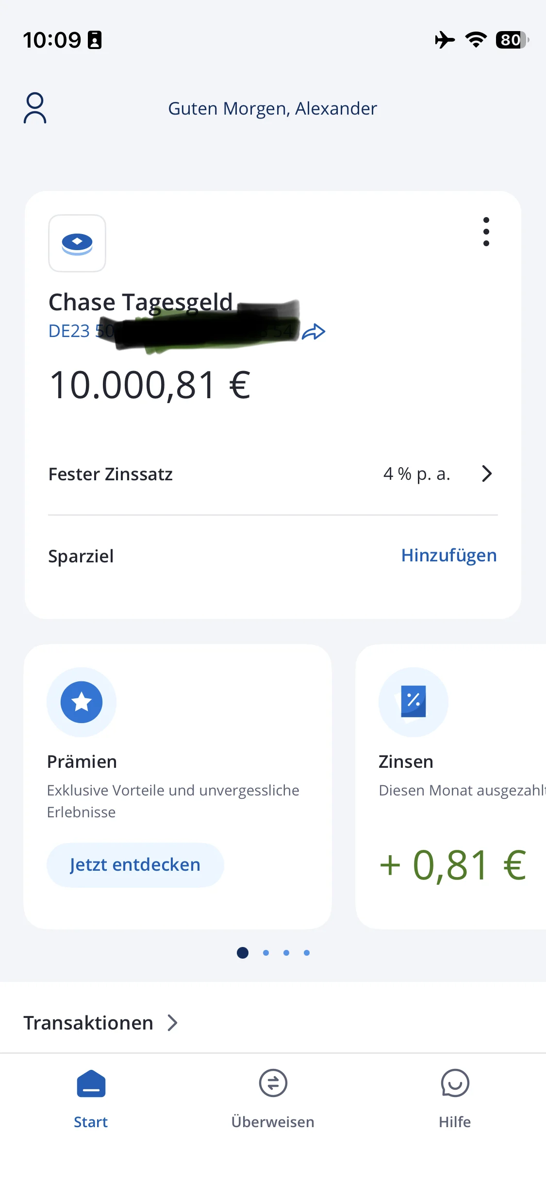 Screenshot aus der Chase-App: 10.000,81 Euro Kontostand, 4 % p. a. und 0,81 Euro gutgeschriebene Zinsen.