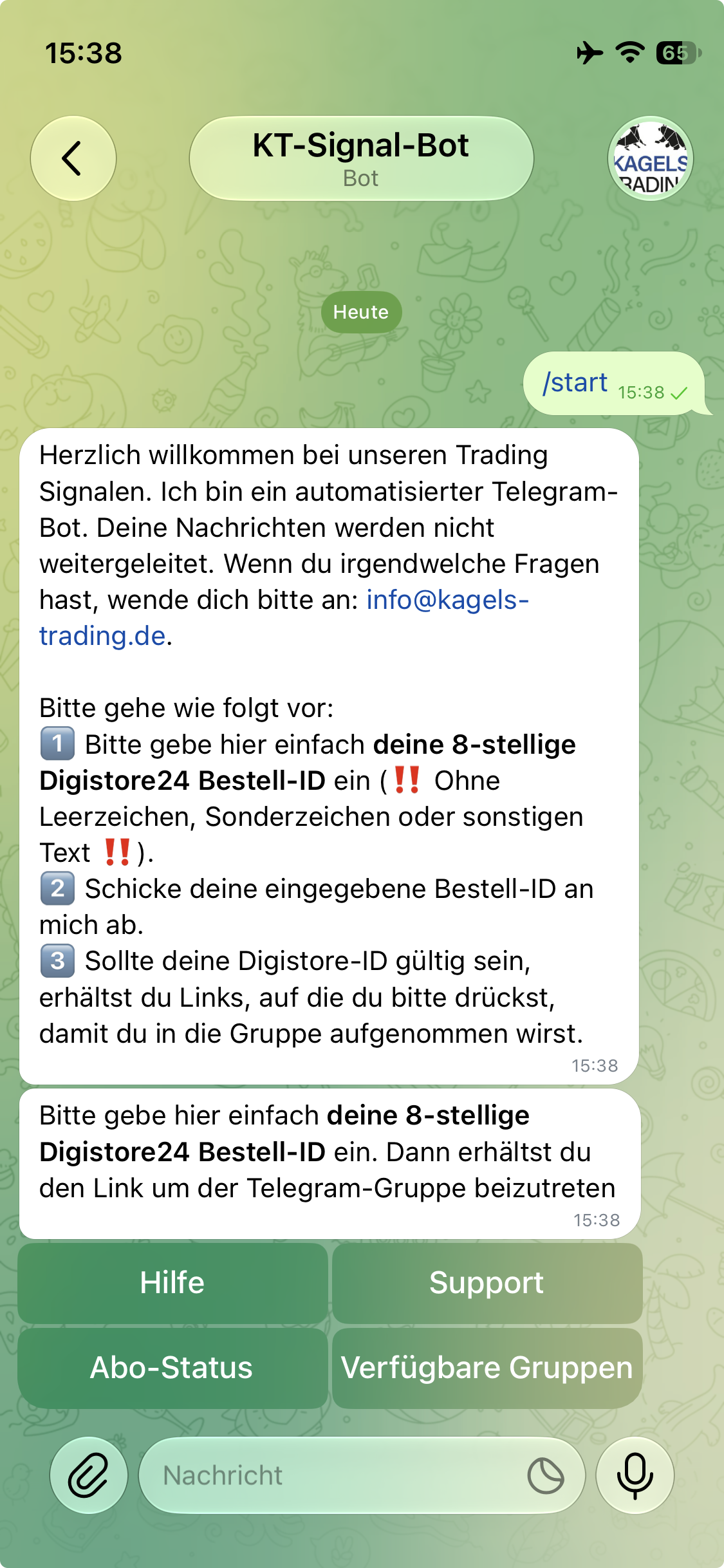Einstellung des Telegram Bots. Früher per Mail, heute per Chat.