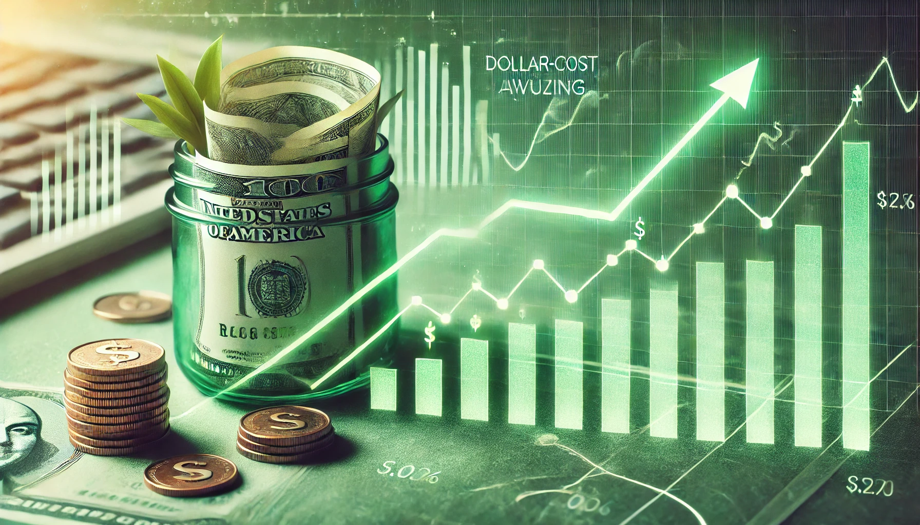 Ein grünlich getöntes Bild mit einem Finanzdiagramm, das die regelmäßigen Zukäufe von Aktien oder ETFs symbolisiert. Grüne Pfeile und steigende Symbole stehen für die Vorteile des langfristigen Vermögensaufbaus trotz Marktschwankungen.