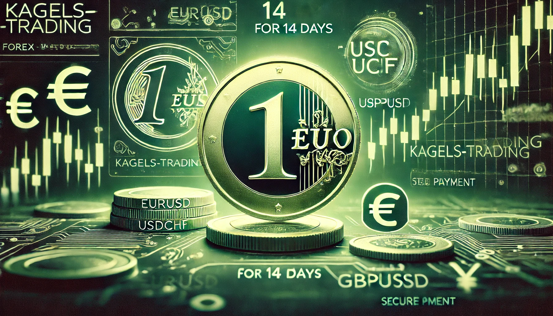 Ein grünlich getöntes Bild zeigt Symbole wie eine 1€-Münze, Währungspaare (EURUSD, USDCHF, GBPUSD) und ein sicheres Zahlungssymbol. Im Hintergrund sind abstrakte Forex-Handelsdiagramme und Signale zu sehen, die die Erschwinglichkeit und den Testzeitraum der Dienstleistung betonen.