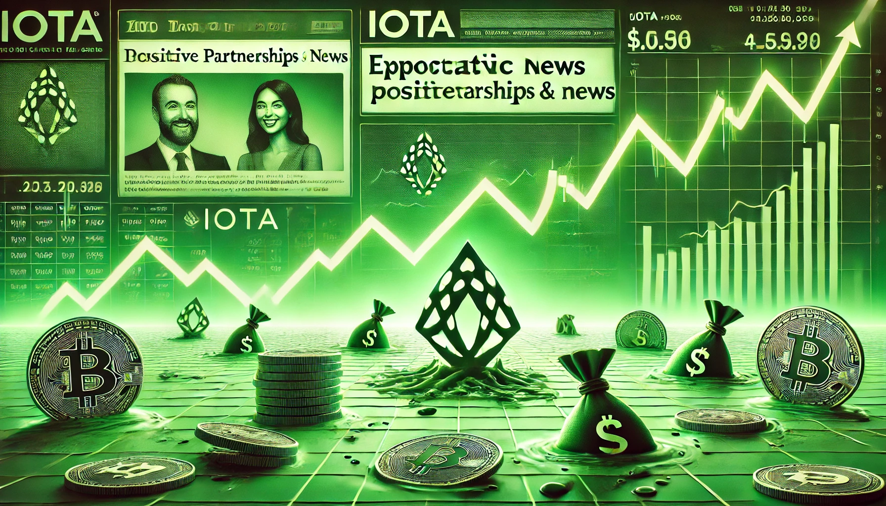 Ein grün getöntes Bild, das die Herausforderungen von IOTA im Kryptowährungsmarkt darstellt. Trotz positiver Nachrichten und starker Partnerschaften sinkt der Kurs weiterhin, was Anleger frustriert. Finanzdaten und fallende Chartkurven symbolisieren die Unsicherheit der Investoren.