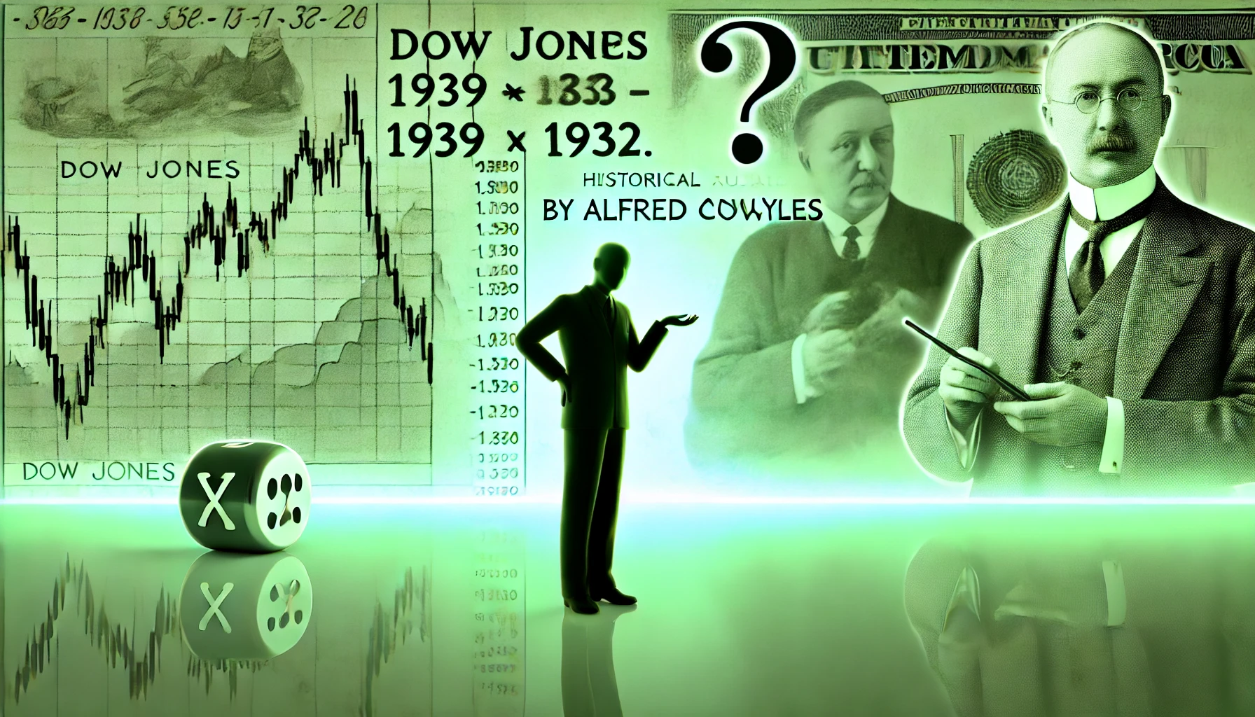 Ein grünliches Bild, das die Skepsis gegenüber Börsenexperten und die historische Analyse von Alfred Cowles in den 1930er Jahren darstellt. Es zeigt den dramatischen Rückgang des Dow Jones zwischen 1929 und 1932, eine Figur, die Vorhersagen hinterfragt, und Symbole für Zufall, wie einen Münzwurf. Die Darstellung betont die Unsicherheit und die kritische Analyse von Marktprognosen.