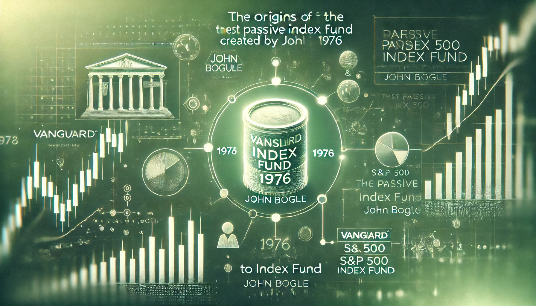 Ein grünliches Bild, das die Entstehung des ersten passiven Indexfonds durch John Bogle im Jahr 1976 darstellt. Es zeigt Börsensymbole, eine Darstellung des Vanguard-Logos und eine historische Zeitleiste zur Schaffung des S&P 500 Indexfonds. Die Darstellung betont das Wachstum und die Stabilität, die durch passives Investieren ermöglicht wurden.