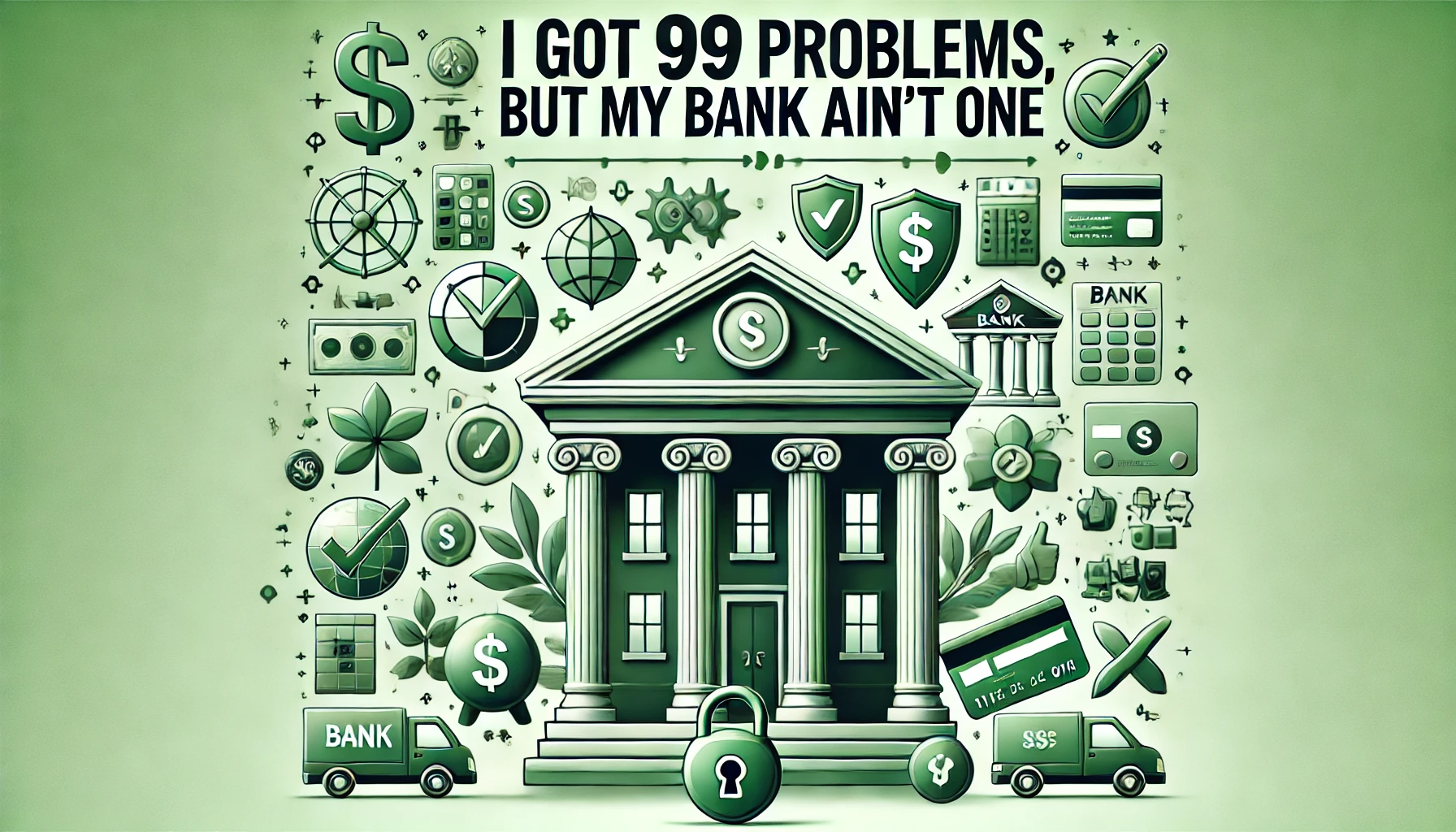 Ein grünliches Bild, das die Phrase 'I GOT 99 PROBLEMS, but my BANK ain't one' darstellt. Es zeigt ein starkes Bankgebäude, Symbole für Stabilität und Sicherheit wie ein Schild oder ein Vorhängeschloss, sowie finanzielle Symbole für erfolgreiches Banking, wie ein Häkchen oder einen Daumen nach oben. Die Darstellung betont das Vertrauen und die Zuversicht in die Bank, auch wenn es viele andere Herausforderungen gibt.