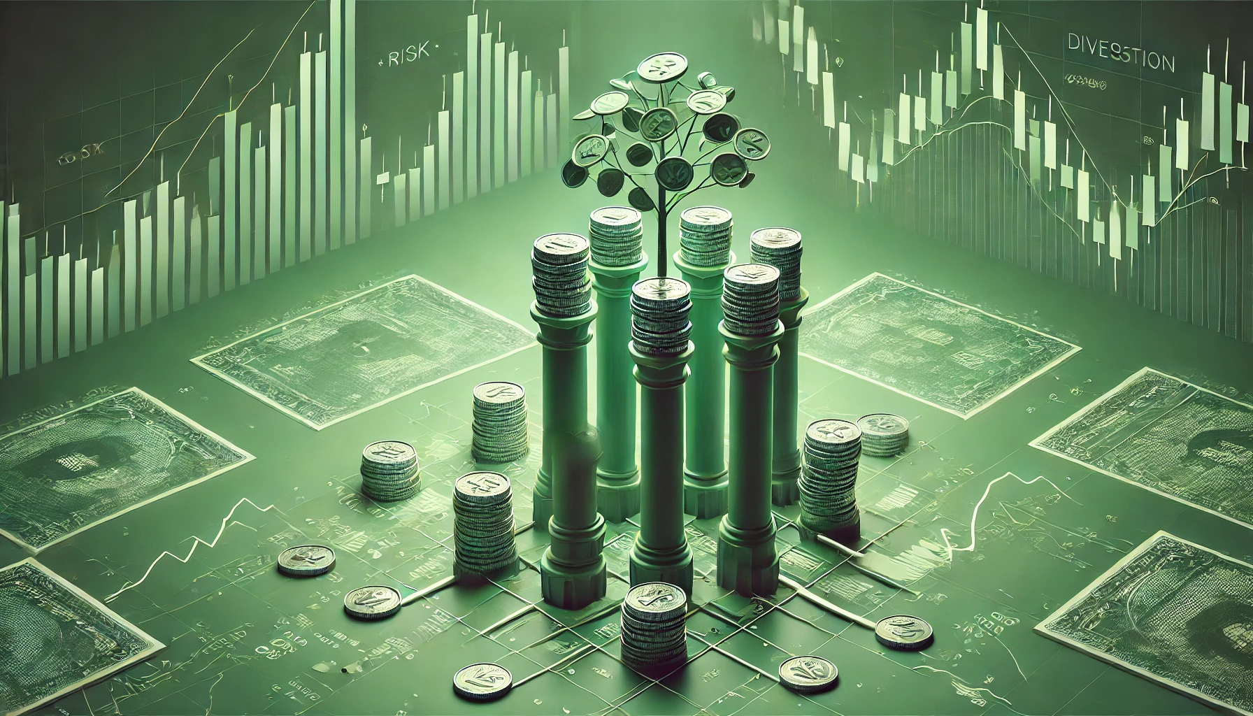 Grünliches Bild, das den Vorteil der Diversifikation zeigt. Links eine fragile Säule mit einem Stapel Münzen, die das Risiko der Konzentration symbolisiert. Rechts mehrere stabilere Säulen mit kleineren Münzstapeln, die die Sicherheit der Diversifikation darstellen. Im Hintergrund dezent angedeutete Diagramme, die wirtschaftliche Volatilität verdeutlichen.