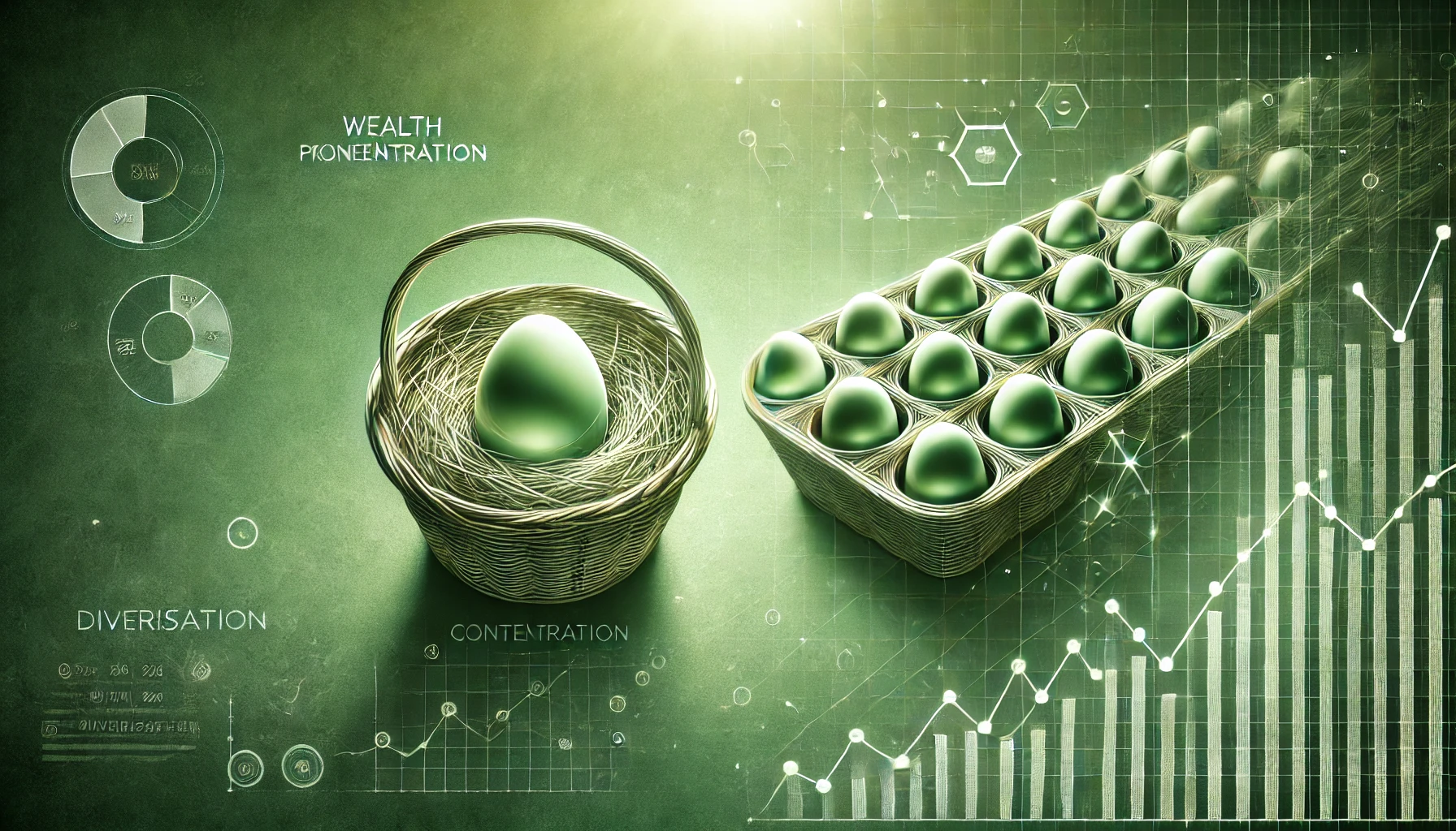 Grünliches Bild, das den Vorteil der Diversifikation zeigt. Links eine fragile Säule mit einem Stapel Münzen, die das Risiko der Konzentration symbolisiert. Rechts mehrere stabilere Säulen mit kleineren Münzstapeln, die die Sicherheit der Diversifikation darstellen. Im Hintergrund dezent angedeutete Diagramme, die wirtschaftliche Volatilität verdeutlichen.