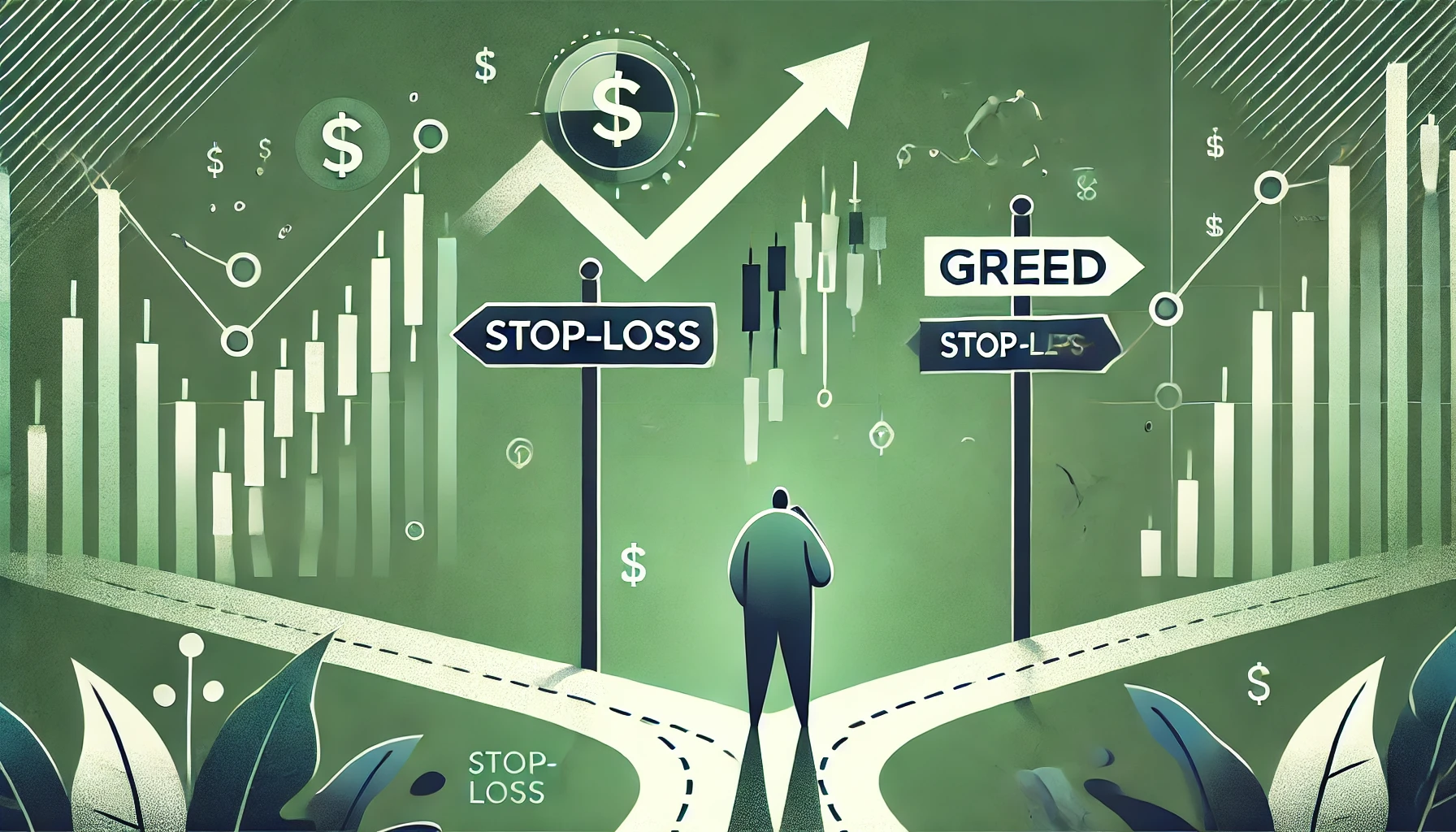 Hier ist das grünlich gehaltene Bild, das den Abschnitt über den Umgang mit Emotionen beim Aktienhandel und die Auswirkungen von Gier visualisiert.