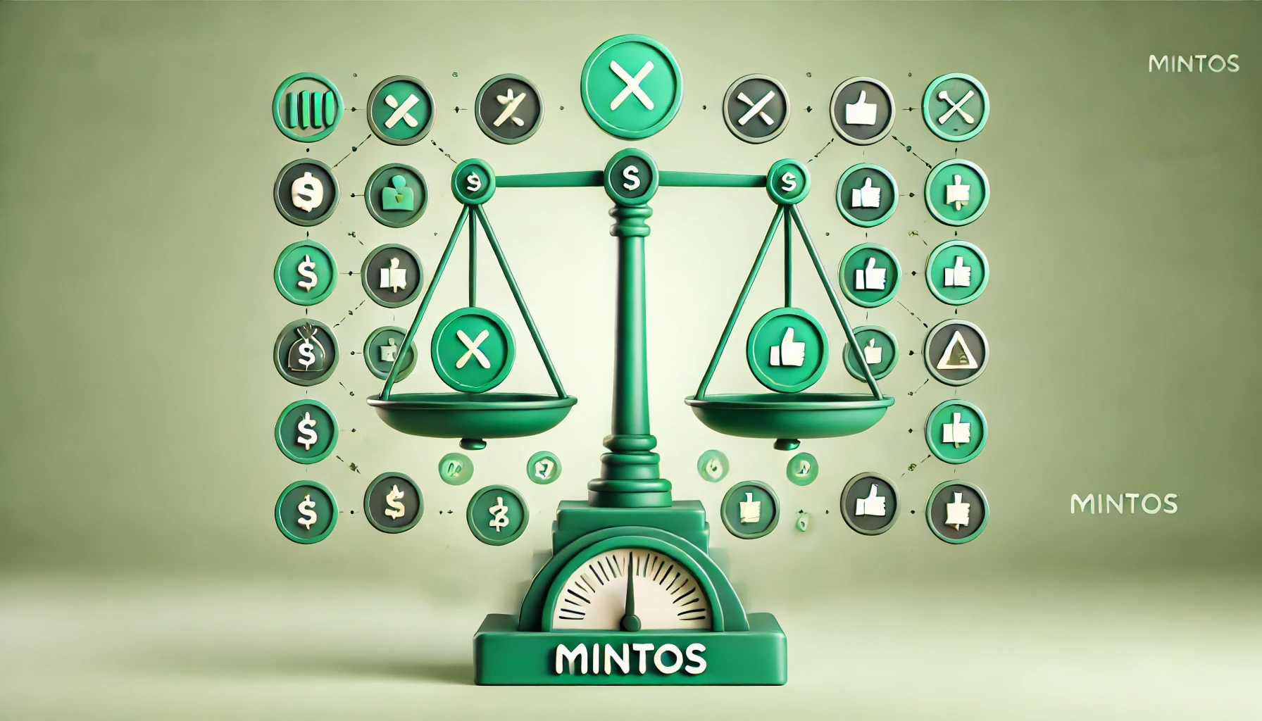 Ein grünliches Bild, das die gemischten Meinungen über die P2P-Plattform Mintos darstellt. Es zeigt eine Waage, die positive und negative Bewertungen ausbalanciert, das Mintos-Logo sowie Symbole für Investitionen wie Münzen und Warnhinweise. Die Darstellung betont sowohl das Wachstumspotenzial als auch die Vorsicht, die bei Investitionsentscheidungen geboten ist.