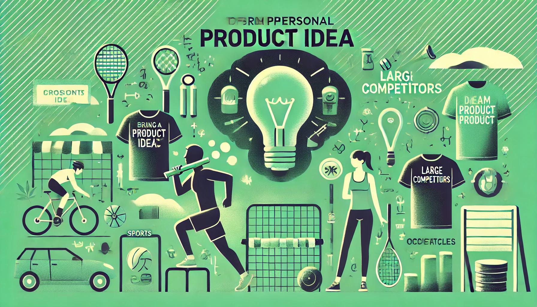 Illustration zeigt die Herausforderungen bei der Markteinführung eines eigenen Produkts in der Sport- und Technikbranche, inklusive Konkurrenz und regulatorischer Hürden.
