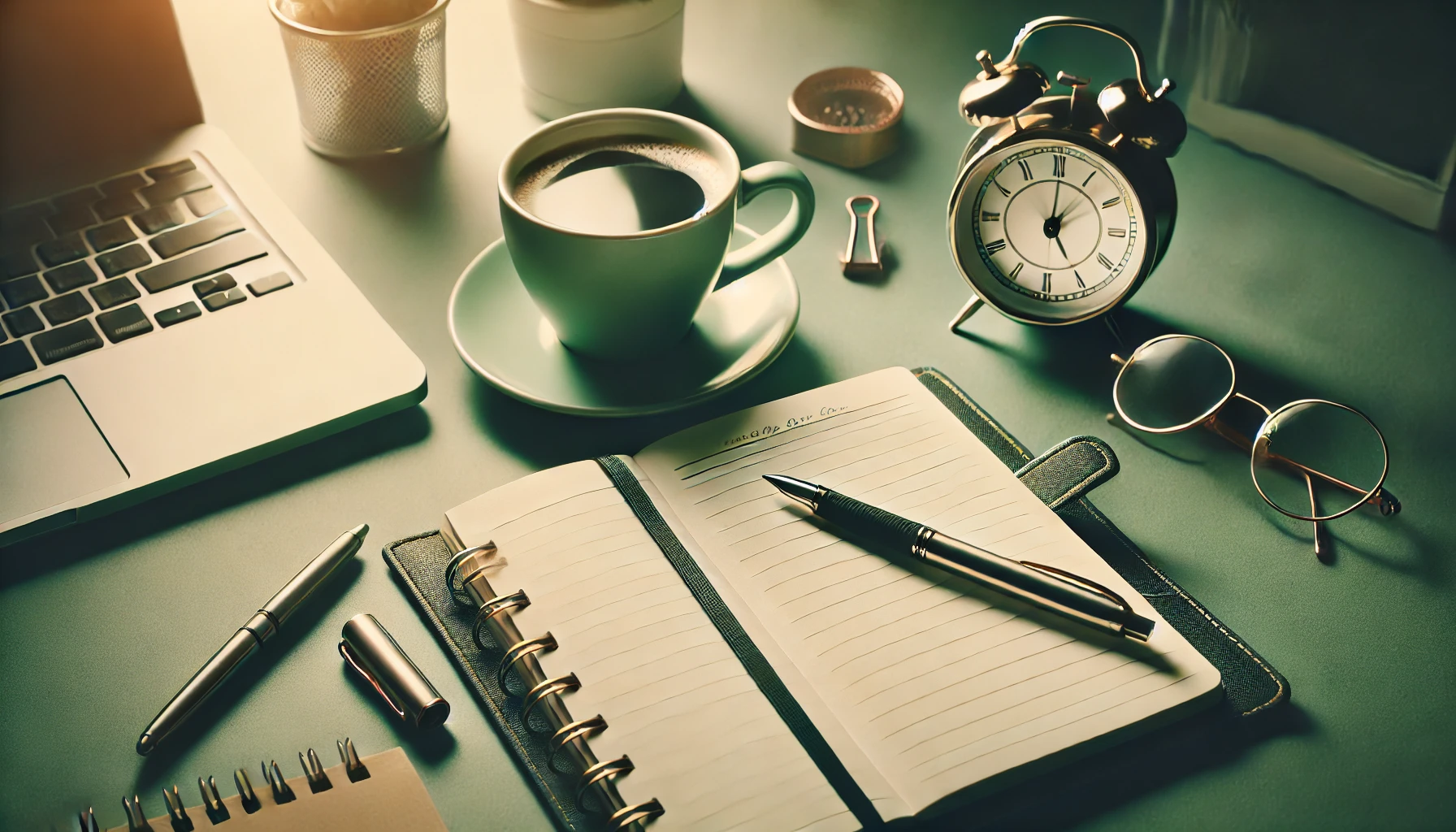 Eine Motivationsszene mit einem Notizbuch, Stift und einer Kaffeetasse auf einem Schreibtisch in grünen Tönen. Der Schreibtisch ist ordentlich, weiches Licht fällt durch ein Fenster, und das Notizbuch ist offen mit handgeschriebenen Notizen. Die Atmosphäre strahlt Ruhe und Fokus aus, symbolisiert Zielsetzungen und Produktivität.