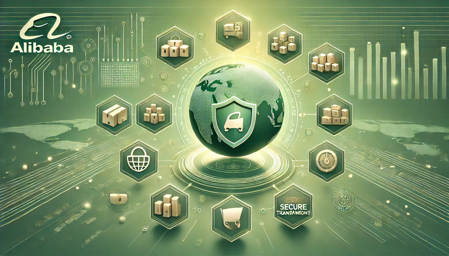 Ein modernes, grünes Bild, das die Nutzung von Alibaba als primäre Plattform für den Produktbezug darstellt. Es zeigt das Alibaba-Logo, einen Globus, der globale Handelsrouten anzeigt, sowie Symbole für verschiedene Produkte und sichere Transaktionen. Die Darstellung betont die Vielfalt und Zuverlässigkeit der Plattform im globalen Handel.